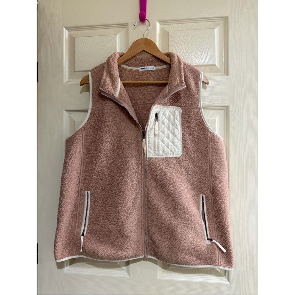 Sonoma Pink Sherpa Fleece Vest with White Quilted Pocket